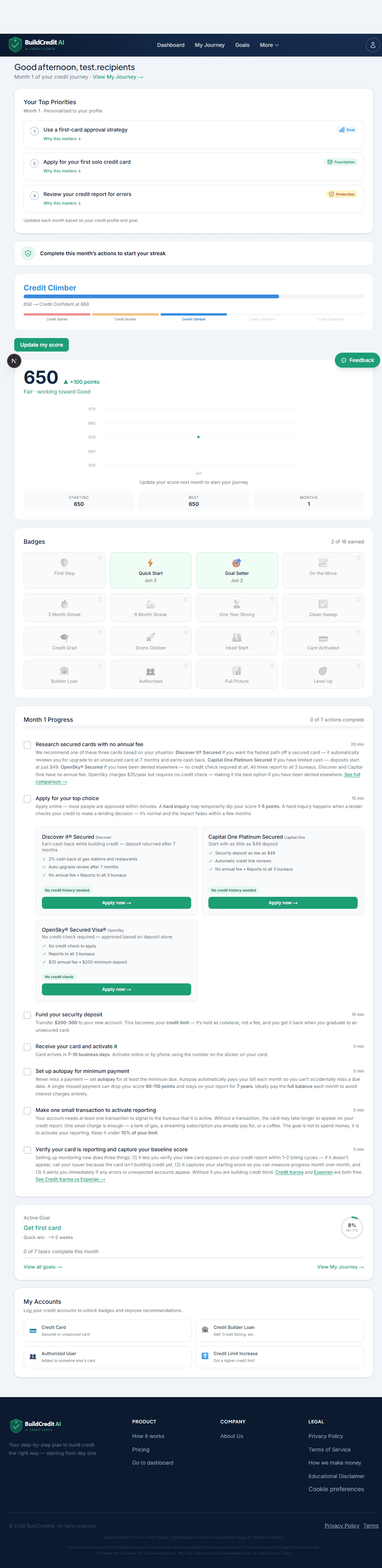 The recipient’s dashboard showing their top priorities for the month